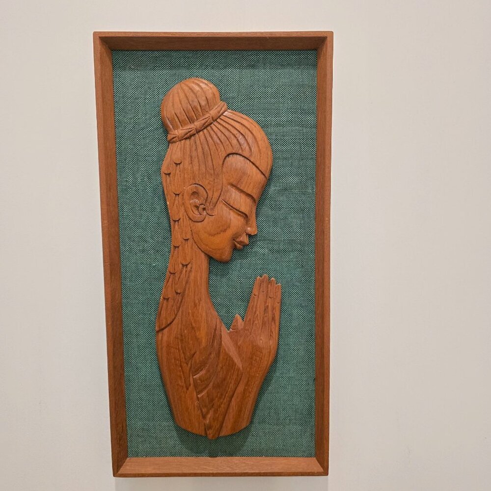 MCM Framed Carved Teak Wood Silhouette Woman Praying Green Wall Hanging Art READ - Picture 8 of 14